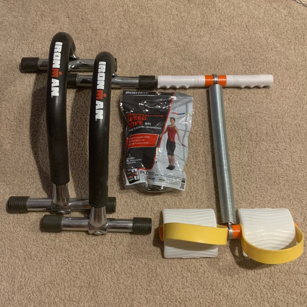 Ironman plank bars, lower back,bicep and tricep springs and jump rope all NEW